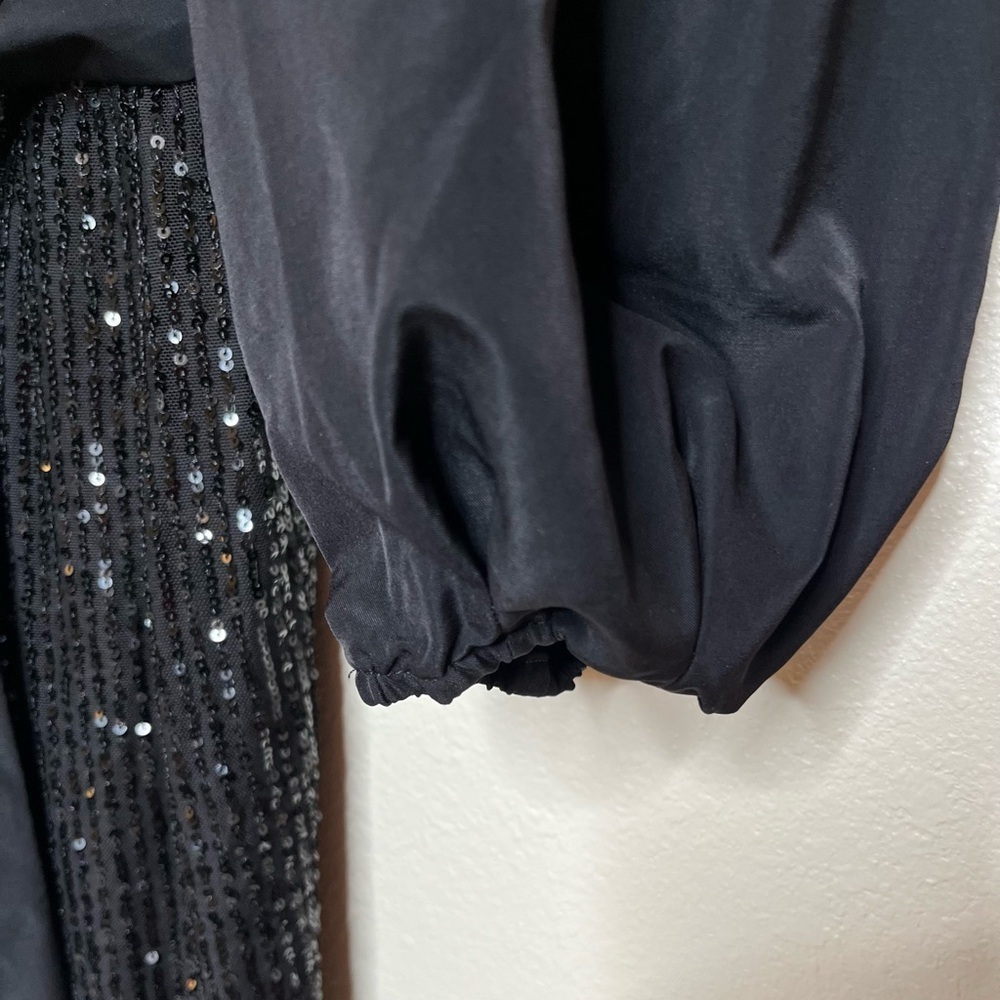 LDT Black Dress Sequin Mini Puff Sleeve Tie Waist Cocktail Holiday Party Glam - Picture 5 of 13